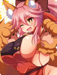 Rule 34 | 1girl, afuro, animal ear fluff, animal ears, animal hands, apron, bare shoulders, bell, blush, breasts, cat paws, cleavage, collar, fangs, fate/grand order, fate (series), fox ears, fox tail, gloves, hair ribbon, jingle bell, large breasts, looking at viewer, naked apron, neck bell, one eye closed, open mouth, paw gloves, pink hair, ponytail, red ribbon, ribbon, sideboob, solo, tail, tamamo (fate), tamamo cat (fate), yellow eyes