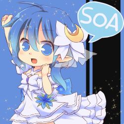 Rule 34 | 1girl, :d, blue eyes, blue hair, chibi, commentary, crescent, crescent hair ornament, dress, earrings, hair ornament, hazuki ruu, jewelry, looking at viewer, open mouth, pointy ears, rena lanford, short hair, smile, solo, star ocean, star ocean anamnesis, star ocean the second story, white dress