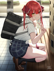 Rule 34 | 1girl, alternate costume, bag, bag charm, blurry, blurry background, blush, breasts, brown footwear, charm (object), collared shirt, dress shirt, from side, grin, hands up, heterochromia, high-waist skirt, highres, hololive, houshou marine, indoors, large breasts, loafers, long hair, looking at viewer, miniskirt, necktie, oekakizuki, plaid, plaid skirt, pleated skirt, red eyes, red hair, school bag, shirt, shirt tucked in, getabako, shoes, signature, skirt, smile, solo, thighs, tile floor, tiles, twintails, v, virtual youtuber, white shirt, yellow eyes