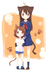 Rule 34 | 2girls, ahoge, animal ears, ayakashi (monkeypanch), brown eyes, brown hair, casual, cat ears, cat tail, full body, height difference, highres, loafers, long hair, looking at viewer, multiple girls, original, pleated skirt, school uniform, serafuku, shoes, short hair, skirt, standing, tail