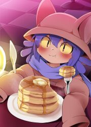 Rule 34 | 1girl, :3, animal ears, animal hat, animal nose, baggy clothes, blue hair, blush, brown hat, cat ears, cat girl, child, dagashi (daga2626), dress, eating, food, food in mouth, food on face, fork, furry, furry female, hat, highres, holding utensil, knife, light blush, light bulb, long sleeves, looking at viewer, moments before disaster, multicolored eyes, niko (oneshot), oneshot (game), oversized clothes, pancake, pancake stack, pig tail, purple hair, scarf, short hair, sitting, slit pupils, steam, syrup, tail, tan