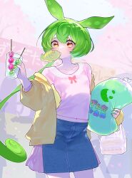 Rule 34 | 1girl, arched back, bag, blush, breasts, character request, cherry blossoms, collarbone, commentary request, cotton candy, cowboy shot, cup, day, denim, denim skirt, food, food in mouth, green hair, green nails, highres, holding, holding bag, holding cup, jacket, jacket partially removed, lace-trimmed collar, lace trim, long hair, long sleeves, looking at viewer, low ponytail, market stall, marutsubo, midriff, mouth hold, navel, open clothes, open jacket, outdoors, pink shirt, shirt, silhouette, skewer, skirt, small breasts, solo focus, standing, taiyaki, very long hair, voicevox, wagashi, yellow eyes, yellow jacket, zundamon