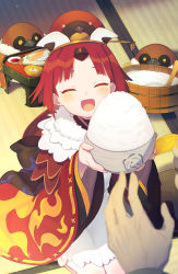 Rule 34 | 1girl, ^ ^, absurdres, apron, benienma (fate), bird, blurry, blurry foreground, bowl, closed eyes, closed eyes, fate/grand order, fate (series), food, giving, highres, miitarou, ohitsu, rice, rice bowl, salmon, seiza, shamoji, sitting, smile, solo, sparrow, table, wide sleeves