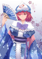 Rule 34 | 1girl, arm strap, bad id, bad pixiv id, blue dress, breasts, capelet, dress, hand fan, female focus, floral print, folding fan, hat, highres, large breasts, long sleeves, looking at viewer, mob cap, pink eyes, pink hair, saigyouji yuyuko, sash, shawl, smile, solo, touhou, triangular headpiece, veil, wide sleeves, x&amp;x&amp;x