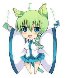 Rule 34 | &gt;:3, 1girl, :3, animal ears, bad id, bad pixiv id, blue eyes, blush, cat ears, cat girl, cat tail, chibi, daive, detached sleeves, fang, female focus, green hair, hair ornament, happy, kemonomimi mode, kochiya sanae, musical note, open mouth, simple background, solo, suica, tail, touhou, translation request, v-shaped eyebrows