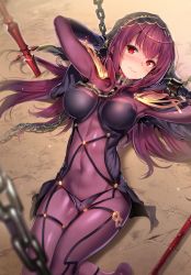 Rule 34 | 1girl, armor, armpits, arms up, bad id, bad twitter id, blurry, blush, bodysuit, breasts, chain, circlet, covered erect nipples, covered navel, cuffs, depth of field, fate/grand order, fate (series), gae bolg (fate), glint, large breasts, long hair, lying, on back, pauldrons, polearm, purple hair, red eyes, restrained, scathach (fate), shackles, shoulder armor, solo, spear, sweat, veil, weapon, yuran