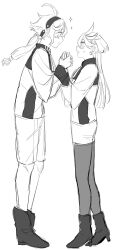 Rule 34 | 2girls, asticassia school uniform, blush, closed mouth, commentary request, elan ouo, eye contact, full body, greyscale, gundam, gundam suisei no majo, hairband, high heels, highres, holding hands, jacket, long hair, long sleeves, looking at another, miorine rembran, monochrome, multiple girls, pantyhose, parted lips, ponytail, school uniform, shorts, sparkle, standing, suletta mercury