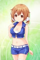 Rule 34 | 1girl, alternative girls, belt, blue jacket, blue shorts, blush, boots, breasts, brown eyes, cleavage, collarbone, cowboy shot, cropped jacket, green background, hair ornament, hair scrunchie, highres, jacket, large breasts, light brown hair, looking at viewer, low twintails, momoi hina, official art, pointing, pointing at self, race queen, scrunchie, short hair, shorts, simple background, smile, standing, thigh boots, thighhighs, twintails, white scrunchie, white thighhighs