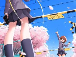 Rule 34 | 2girls, :d, arm up, black legwear, black necktie, black skirt, blazer, blonde hair, blue sky, blush, brown eyes, brown hair, cable, cellphone, chain-link fence, cherry blossoms, cherry tree, collared shirt, commentary request, day, falling petals, fence, grey jacket, happy, head out of frame, highres, holding, holding phone, jacket, kill me baby, long hair, long sleeves, miniskirt, multiple girls, necktie, open mouth, oribe yasuna, outdoors, overhead line, petals, phone, pleated skirt, power lines, railroad crossing, school uniform, shirt, short hair, skirt, sky, smile, socks, sonya (kill me baby), standing, translation request, tree, twintails, waving, white shirt, wind, yachima tana