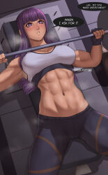 Rule 34 | 1girl, abs, barbell, english text, exercise, fern (sousou no frieren), fingerless gloves, fluffydus, gloves, gym, highres, long hair, lying, muscular, muscular female, on back, patreon username, purple eyes, purple hair, signature, solo, sousou no frieren, sweat, tank top, toned, weightlifting