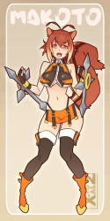 Rule 34 | 1girl, animal ears, antenna hair, bare shoulders, blazblue, breasts, brown hair, crop top, dual wielding, fingerless gloves, gloves, holding, large breasts, makoto nanaya, microskirt, multicolored hair, navel, orange skirt, revealing clothes, skirt, smile, solo, squirrel ears, squirrel tail, tagme, tail, thighhighs, tonfa, two-tone hair, underboob, weapon, x-t3al