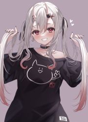 Rule 34 | 1girl, black nails, black shirt, blush, colored tips, commentary request, earrings, grin, highres, hololive, horns, jewelry, long hair, looking at viewer, multicolored hair, nail polish, nakiri ayame, red eyes, sa-ya2, shirt, simple background, skin-covered horns, smile, solo, upper body, virtual youtuber, white hair