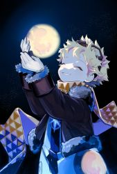 Rule 34 | 1boy, baggy clothes, black background, black jacket, blonde hair, bomber jacket, closed mouth, cowboy shot, facing up, fate/grand order, fate/requiem, fate (series), fur trim, gloves, glowing, goggles, goggles on head, hands up, highres, ieiieiiei, jacket, long sleeves, male focus, parted lips, scarf, short hair, sky, smile, solo, star (sky), star (symbol), starry background, starry sky, teeth, voyager (fate), voyager (third ascension) (fate), white gloves, yellow scarf