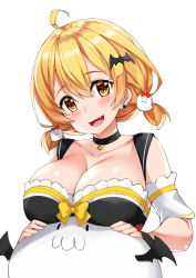 Rule 34 | 1girl, ahoge, alternate hairstyle, arm garter, bat hair ornament, bat wings, black choker, black dress, blonde hair, blush, bow, breast rest, breasts, choker, cleavage, collarbone, commentary, dress, earrings, fang, hair between eyes, hair ornament, head tilt, hexagram, hololive, jewelry, kosuke (bb), large breasts, looking at viewer, medium hair, open mouth, short twintails, simple background, smile, solo, star (symbol), star earrings, twintails, upper body, virtual youtuber, white background, wings, yellow bow, yellow eyes, yozora mel, yozora mel (2nd costume)