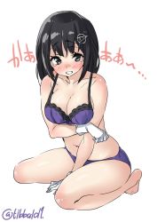 Rule 34 | 10s, 1girl, bad id, bad twitter id, bare legs, barefoot, between legs, black eyes, black hair, blush, bra, breasts, cleavage, collarbone, ebifurya, full body, gloves, haguro (kancolle), hair ornament, hairclip, hand between legs, highres, inactive account, kantai collection, looking at viewer, medium breasts, navel, open mouth, panties, purple bra, purple panties, simple background, sitting, solo, stomach, tears, twitter username, underwear, underwear only, white background, white gloves