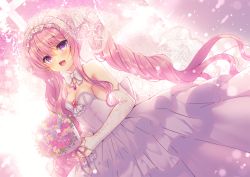Rule 34 | 1girl, :d, bare shoulders, blush, bouquet, breasts, bridal veil, cleavage, commentary request, detached sleeves, dress, dutch angle, flower, hair between eyes, holding, holding bouquet, lilia chocolanne, long hair, long sleeves, medium breasts, open mouth, original, pink flower, pink hair, purple eyes, purple flower, see-through, sleeves past wrists, smile, solo, strapless, strapless dress, suzunone rena, twintails, veil, very long hair, wedding, wedding dress, white dress, white flower, white sleeves