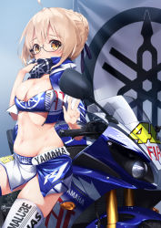 Rule 34 | 1girl, adapted costume, ahoge, alternate costume, artoria pendragon (all), artoria pendragon (fate), bandeau, black-framed eyewear, blonde hair, blue ribbon, blush, braid, breasts, covered mouth, cowboy shot, cropped jacket, fate/grand order, fate (series), french braid, gedou (shigure seishin), glasses, groin, hair bun, hair ribbon, hand up, hip focus, large breasts, leaning on object, looking at viewer, midriff, motor vehicle, motorcycle, mysterious heroine x alter (fate), navel, race queen, ribbon, saber (fate), semi-rimless eyewear, side slit, single hair bun, solo, thighhighs, thighs, under-rim eyewear, v, white thighhighs, yamaha, yamaha yzf-r1, yellow eyes