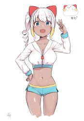 Rule 34 | 1girl, absurdres, animal ears, aqua eyes, bad id, bad twitter id, blue shorts, blush, breasts, cat ears, cleavage, cloba, collarbone, cropped jacket, cropped legs, dark-skinned female, dark skin, drill hair, fang, flower, green eyes, hair flower, hair ornament, highres, inactive account, jacket, large breasts, long hair, long sleeves, looking at viewer, navel, open mouth, original, short shorts, shorts, side ponytail, simple background, solo, white background, white hair, white jacket