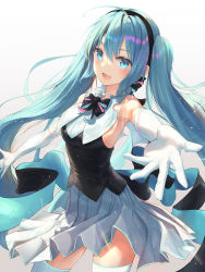 Rule 34 | 1girl, :d, absurdres, armpits, black bow, black hairband, black neckwear, black vest, blue eyes, blue hair, bow, cowboy shot, elbow gloves, floating hair, gloves, hair between eyes, hair bow, hairband, hatsune miku, highres, htt (peaceskl), huge filesize, long hair, looking at viewer, miku symphony (vocaloid), miniskirt, open mouth, outstretched arms, pleated skirt, shirt, simple background, skirt, sleeveless, sleeveless shirt, smile, solo, standing, thighhighs, twintails, very long hair, vest, vocaloid, white background, white gloves, white shirt, white skirt, white thighhighs, zettai ryouiki