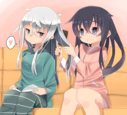 Rule 34 | 10s, 2girls, akatsuki (kancolle), alternate costume, bad id, bad pixiv id, book, brushing another&#039;s hair, commentary request, grey eyes, hair between eyes, hair brush, brushing hair, heart, hibiki (kancolle), kantai collection, long hair, multiple girls, nabeo, purple eyes, purple hair, silver hair, sitting, smile, spoken heart