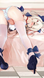 Rule 34 | 1girl, ankle ribbon, armpit crease, ass, ayanami (azur lane), ayanami (low-key idol @confused) (azur lane), azur lane, bdsm, bed, black footwear, blonde hair, blue bow, blue ribbon, blurry, blurry background, blush, bondage, bound, bound arms, bow, cameltoe, female focus, gag, hair bow, hair ribbon, high heels, highres, leg ribbon, long hair, looking at viewer, paid reward available, panties, pigeon-toed, ponytail, ribbon, semisweet, shibari, striped clothes, striped panties, thighhighs, thighs, top-down bottom-up, underwear, very long hair, white thighhighs, yellow eyes