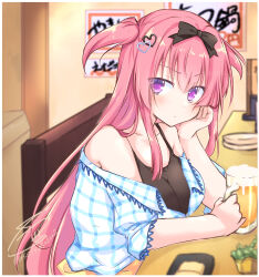 Rule 34 | 1girl, absurdres, alcohol, arm support, bare shoulders, beer, beer mug, black bow, black shirt, blue jacket, blush, bow, breasts, cleavage, closed mouth, commentary request, cup, eyes visible through hair, frown, futamata ren&#039;ai, hair between eyes, hair bow, hair ornament, hand on own cheek, hand on own face, head rest, heart, heart hair ornament, highres, indoors, jacket, large breasts, leaning forward, long hair, looking at viewer, mikoshiba rui, mug, off shoulder, pink hair, plaid, plaid jacket, purple eyes, shirt, sidelocks, signature, sitting, sleeveless, sleeveless shirt, solo, straight hair, twitter username, two side up, upper body, usetsusakon2, v-shaped eyebrows, very long hair