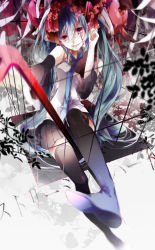 Rule 34 | 1girl, bandages, black thighhighs, blue hair, boots, cage, crowbar, detached sleeves, hatsune miku, heart, highres, holding, holding crowbar, long hair, looking at viewer, necktie, pleated skirt, red eyes, reika (iamreika), sitting, skirt, smile, streaming heart (vocaloid), tears, thigh boots, thighhighs, twintails, very long hair, vocaloid