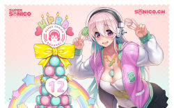 Rule 34 | 1girl, between breasts, black skirt, blush, breasts, camisole, cleavage, doughnut, food, food between breasts, headphones, highres, jacket, large breasts, letterman jacket, long hair, looking at viewer, macaron, miniskirt, nitroplus, official art, official wallpaper, open mouth, pink eyes, pink hair, pink jacket, pleated skirt, shirt, skirt, smile, solo, super sonico, t-shirt, tsuji santa, virtual youtuber, wallpaper, white jacket