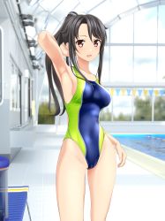 Rule 34 | 1girl, absurdres, armpits, bench, black hair, blue one-piece swimsuit, breasts, cameltoe, commentary request, competition swimsuit, contrapposto, cowboy shot, high school fleet, highres, indoors, long hair, looking at viewer, medium breasts, multicolored clothes, multicolored swimsuit, munetani mashiro, one-piece swimsuit, open mouth, ponytail, pool, presenting armpit, red eyes, round teeth, sidelocks, solo, standing, string of flags, swimsuit, takafumi, teeth, upper teeth only