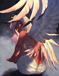 Rule 34 | 1girl, ahoge, angel, barefoot, colored skin, commentary, dress, english commentary, feathered wings, from behind, glowing, glowing eyes, gradient hair, long hair, looking back, multicolored hair, nana nakano, original, pink hair, red skin, scar, sitting, solo, stitches, strapless, strapless dress, white dress, white hair, wings, yellow eyes