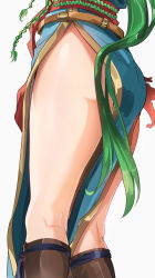 Rule 34 | 1girl, absurdres, ass, belt, blue dress, boots, brown footwear, dress, fire emblem, fire emblem: the blazing blade, green hair, highres, knee boots, kneepits, legs, long hair, lower body, lyn (fire emblem), nintendo, ormille, out of frame, pelvic curtain, ponytail, sash, side slit, simple background, solo, thighs, very long hair, white background