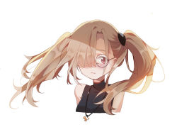 Rule 34 | 1girl, bad id, bad pixiv id, barefoot, blush, brown-framed eyewear, brown hair, closed mouth, cropped torso, girls&#039; frontline, glasses, hair over one eye, hk21 (girls&#039; frontline), jewelry, long hair, looking at viewer, necklace, portrait, red eyes, round eyewear, simple background, sleeveless, solo, twintails, upper body, white background, yasuna (nanjiang)