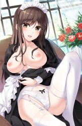 Rule 34 | 1girl, apron, ass, black dress, breasts, brown eyes, brown hair, cleavage, commentary request, curtains, dress, flower, garter belt, knee up, large breasts, long hair, looking at viewer, maid, maid apron, maid headdress, nipples, no bra, open mouth, original, oryo (oryo04), panties, panties over garter belt, reclining, rose, smile, solo, thighhighs, underwear, white panties, white thighhighs, window