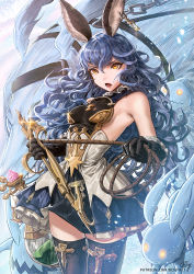 Rule 34 | 1girl, animal ears, b.c.n.y., bare shoulders, beppo (granblue fantasy), black gloves, black thighhighs, blue hair, breasts, commentary request, cowboy shot, curly hair, dress, earrings, elbow gloves, erune, familiar, ferry (granblue fantasy), geegee (granblue fantasy), ghost, gloves, granblue fantasy, hair between eyes, hands up, highres, holding, holding whip, jewelry, long hair, looking at viewer, mixed-language commentary, momo (granblue fantasy), nicola (granblue fantasy), open mouth, rabbit ears, serious, short dress, sideboob, single earring, sleeveless, sleeveless dress, small breasts, solo, thighhighs, thighs, very long hair, yellow eyes