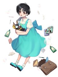 Rule 34 | 1girl, bag, black hair, blue dress, bottle, brown eyes, bubble, dress, full body, leaning forward, looking at another, looking at viewer, magazine (object), mary janes, open mouth, p-chan, pig, ranma 1/2, saotome genma, school bag, shoes, short hair, smile, solo, tendou akane, yamijam