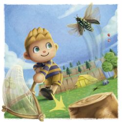 Rule 34 | 1boy, animal crossing, balloon, black footwear, blonde hair, blue sky, border, bug, butterfly net, cicada, cloud, commentary, english commentary, gift, giulliano kenzo, green eyes, hand net, highres, holding, holding butterfly net, insect, male focus, nintendo, pine tree, pitfall, rock, shirt, short hair, shorts, signature, sky, smile, striped clothes, striped shirt, tent, tree, tree stump, villager (animal crossing), water, waterfall, white border, yellow shorts