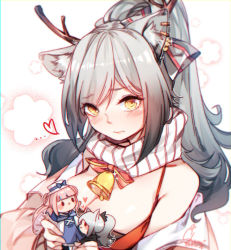 Rule 34 | 1girl, animal ear fluff, animal ears, antlers, arknights, artist name, bare shoulders, bell, blush, bow, breasts, cat ears, ceylon (arknights), character doll, cleavage, earrings, fake antlers, hair bow, heart, holding, horns, jewelry, long hair, looking at viewer, medium breasts, off shoulder, official alternate costume, ponytail, red bow, scarf, schwarz (arknights), schwarz (presents) (arknights), sharmi, signature, silver hair, solo, spaghetti strap, upper body, white background, white scarf, yellow eyes