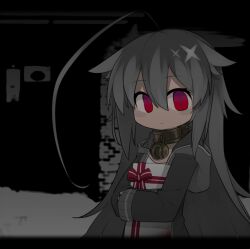 Rule 34 | 1girl, ahoge, bell, blood, box, closed mouth, collar, commentary request, dark-skinned female, dark skin, empty eyes, expressionless, gift, grey hair, hair between eyes, hair flaps, holding, holding box, holding gift, hood, hood down, hoodie, huge ahoge, jingle bell, kisaragi kaya, letterboxed, long hair, long sleeves, looking at viewer, metal collar, monochrome background, neck bell, open clothes, open hoodie, original, red eyes, shirt, sleeves past wrists, slit pupils, solo, upper body, very long hair, white shirt, yste