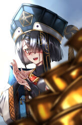 Rule 34 | 1girl, black hair, chinese clothes, fate/grand order, fate (series), gloves, gradient background, hair over one eye, hat, large hat, long sleeves, looking at viewer, mole, mole under eye, motivation (user kace3282), open mouth, orange eyes, own hands together, robe, short hair, solo, straight hair, tears, upper body, white robe, wide sleeves, xu fu (fate)