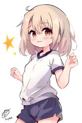 Rule 34 | 1girl, :3, absurdres, ahoge, alternate hairstyle, arms up, blonde hair, blue shorts, closed mouth, fate/kaleid liner prisma illya, fate (series), gym shirt, gym uniform, highres, illyasviel von einzbern, kanykou, looking at viewer, red eyes, shirt, short hair, short sleeves, shorts, signature, simple background, solo, standing, star (symbol), sweat, white background, white shirt