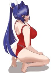 Rule 34 | 1girl, absurdres, ass, female focus, full body, highres, long hair, looking at viewer, looking back, mitsurugi meiya, muv-luv, netorare, ponytail, simple background, smile, solo, swimsuit