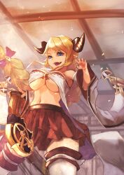 Rule 34 | 1girl, absurdres, blonde hair, blue eyes, braid, breasts, brown skirt, detached sleeves, elsie, granblue fantasy, hallessena, highres, holding, holding weapon, horns, large breasts, light particles, looking at viewer, navel, open mouth, pleated skirt, pointy ears, skirt, solo, teeth, thighhighs, underboob, upper teeth only, weapon, white thighhighs