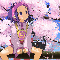 Rule 34 | 1990s (style), 1girl, :&lt;, argon, between legs, cat, cherry blossoms, chinese clothes, hairband, hand between legs, hanmyou, kemi (outlaw star), mata (outlaw star), outlaw star, petals, purple eyes, purple hair, short hair, sitting, solo, tree