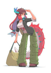 Rule 34 | 1girl, alternate costume, bag, baggy pants, blue eyes, breasts, cargo pants, dragon girl, dragon horns, dragon tail, duel monster, full body, hat, holding, holding bag, horns, horns through headwear, jacket, kitchen dragonmaid, large breasts, long hair, long sleeves, open clothes, open jacket, open mouth, pants, red hair, shibumi, solo, tail, yu-gi-oh!