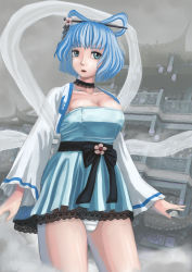 Rule 34 | :o, adapted costume, amibazh, blue dress, blue hair, breasts, choker, cleavage, detached sleeves, dress, expressionless, flower, hair ornament, hair rings, hair stick, highres, kaku seiga, large breasts, panties, pantyshot, sash, shawl, short dress, solo, standing, touhou, undersized clothes, underwear, white panties