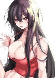 Rule 34 | 1girl, :d, areola slip, bare shoulders, black hair, breasts, cleavage, highres, long hair, looking at viewer, navel, open mouth, original, red eyes, smile, solo, takatsuki ichi, very long hair