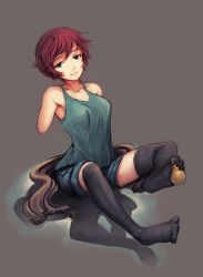 Rule 34 | 10s, 1girl, amputee, armless amputee, bad deviantart id, bad id, bare shoulders, breasts, denim, denim shorts, double amputee, holding with feet, green eyes, katawa shoujo, looking at viewer, medium breasts, pocket watch, red hair, scarf, short hair, shorts, sitting, softmode, solo, tezuka rin, thighhighs, watch