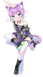 Rule 34 | 1girl, amimi, animal ears, asymmetrical legwear, bare shoulders, black footwear, black shirt, black shorts, blunt bangs, boots, cat ears, cat girl, cat tail, colored inner hair, commission, cropped shirt, full body, green eyes, green hair, hand on another&#039;s head, headpat, highres, indie virtual youtuber, jacket, kneehighs, long sleeves, multicolored hair, off shoulder, open clothes, open jacket, purple hair, shirt, short hair, short shorts, shorts, shwaa, single kneehigh, single sock, single thighhigh, sitting, skeb commission, sleeves past fingers, sleeves past wrists, smile, socks, strap slip, tail, thighhighs, uneven legwear, virtual youtuber, white socks, white thighhighs