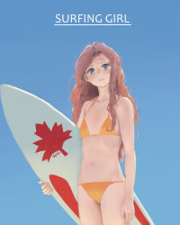 Rule 34 | 1girl, arm at side, artist name, bikini, blue background, blush, brown hair, collarbone, cowboy shot, english text, flat chest, freckles, head tilt, highres, holding, leaf print, legs together, long hair, looking at viewer, maple leaf print, navel, orange bikini, original, outdoors, parted lips, signature, simple background, sky, solo, standing, stomach, surfboard, swimsuit, wavy hair