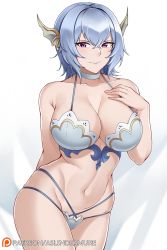 Rule 34 | 1girl, arm behind back, aslindsamure, bare shoulders, blue hair, blush, bra, breasts, cleavage, closed mouth, collarbone, commentary, gradient background, granblue fantasy, groin, hair between eyes, hand on own chest, highres, horns, large breasts, lingerie, long hair, looking at viewer, macula marius, navel, panties, pink eyes, shingeki no bahamut, short hair, simple background, smile, solo, stomach, thighs, tiara, underwear, underwear only